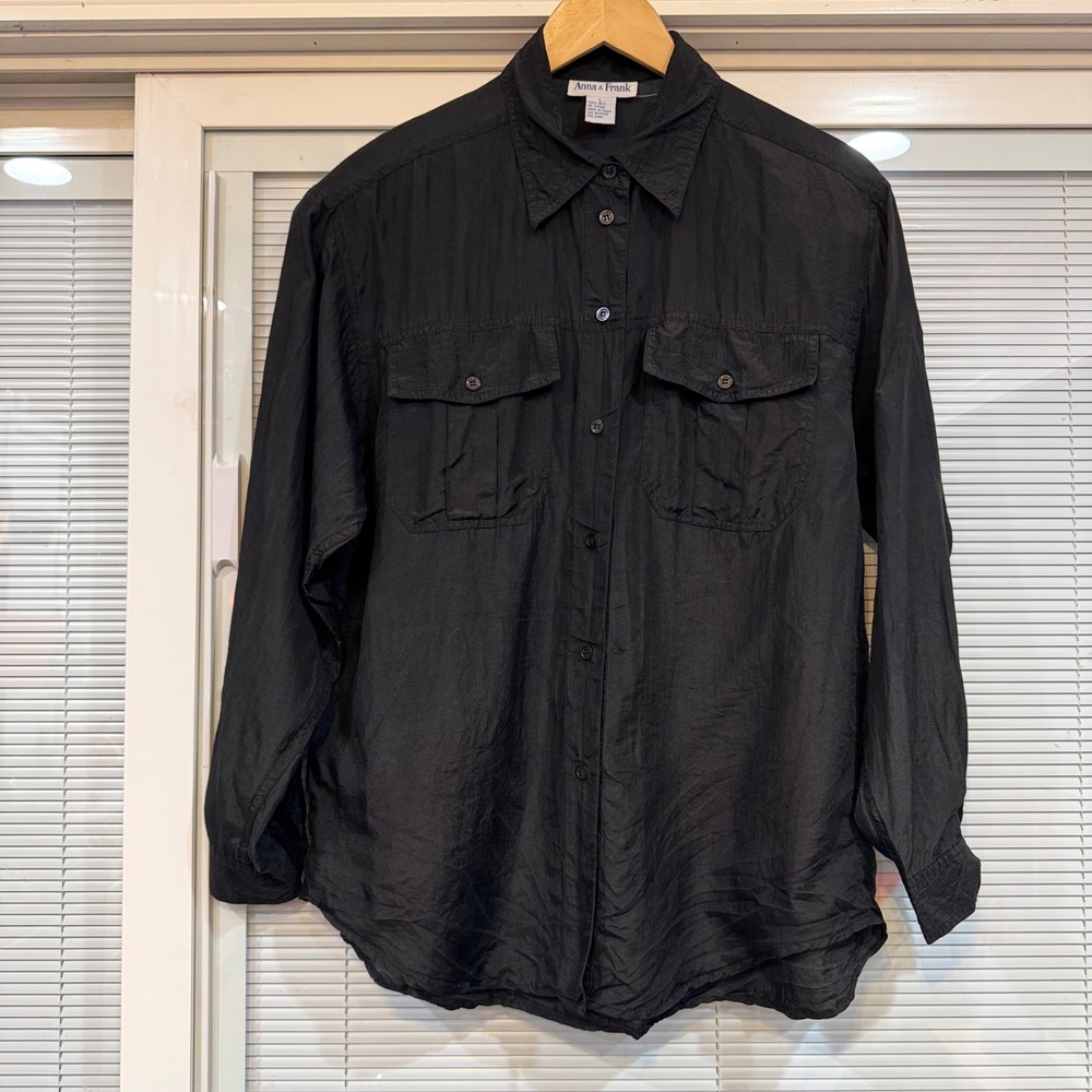 Anna & Frank Black 100% Silk Button Down Utility Shirt Women Large Pockets